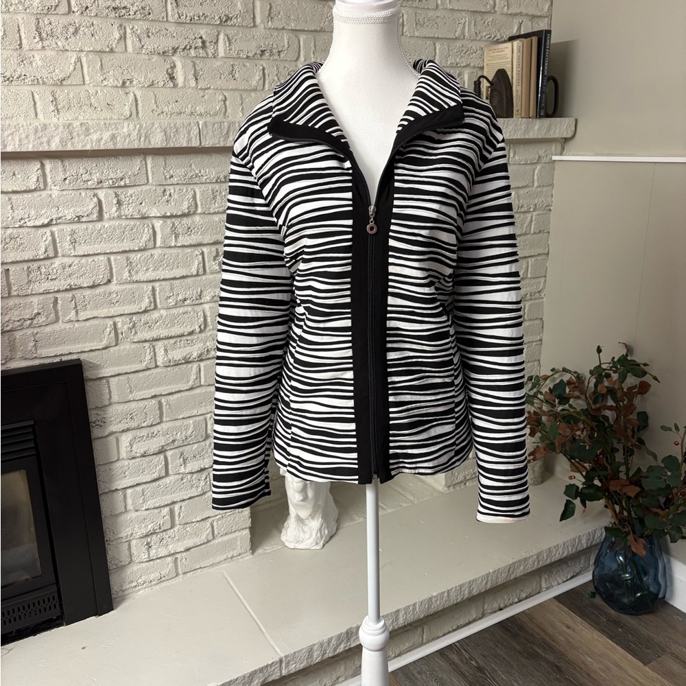 TanJay Black White Striped Zip Up Jacket Blazer Size Large